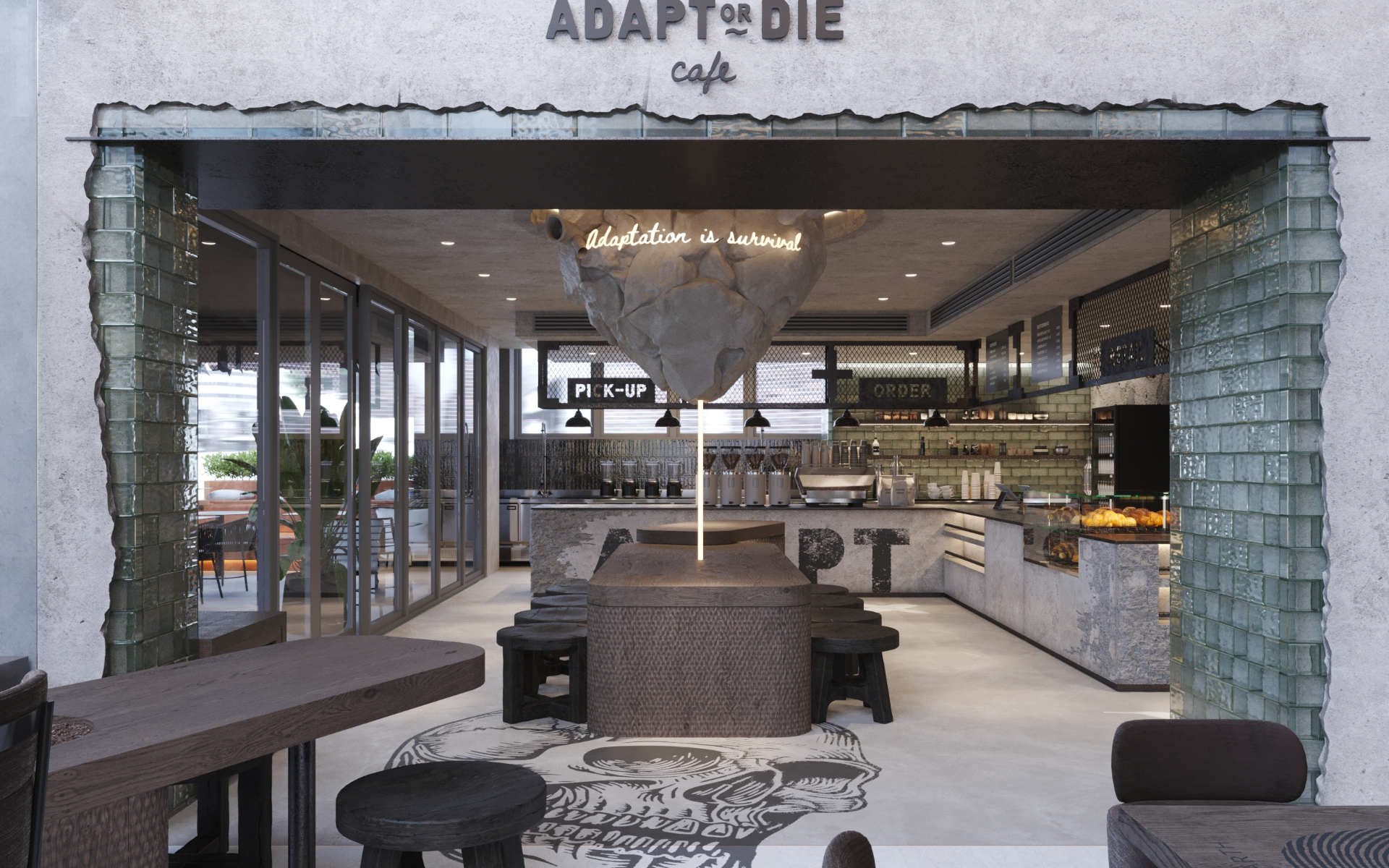 Adapt or Die cafe interior with warm wood, brick, and natural light